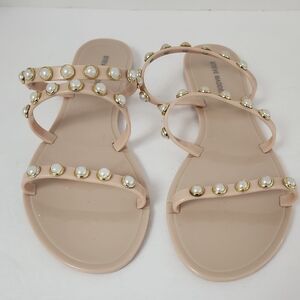 Steve Madden Women's Beige Strappy Flat Sandals with Pearl Accents, sz 8